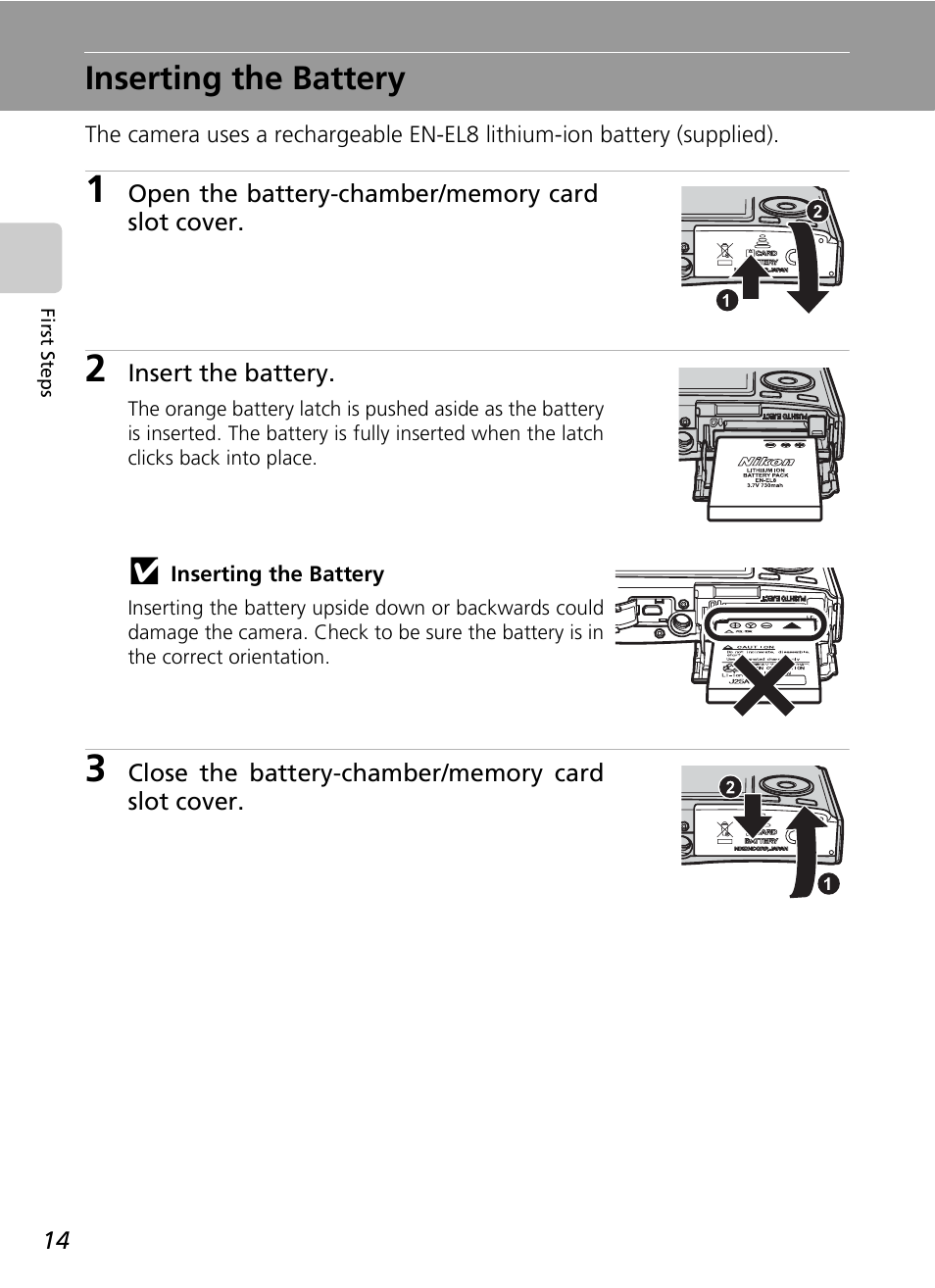 Inserting the battery | Nikon COOLPIX S9 User Manual | Page 26 / 142