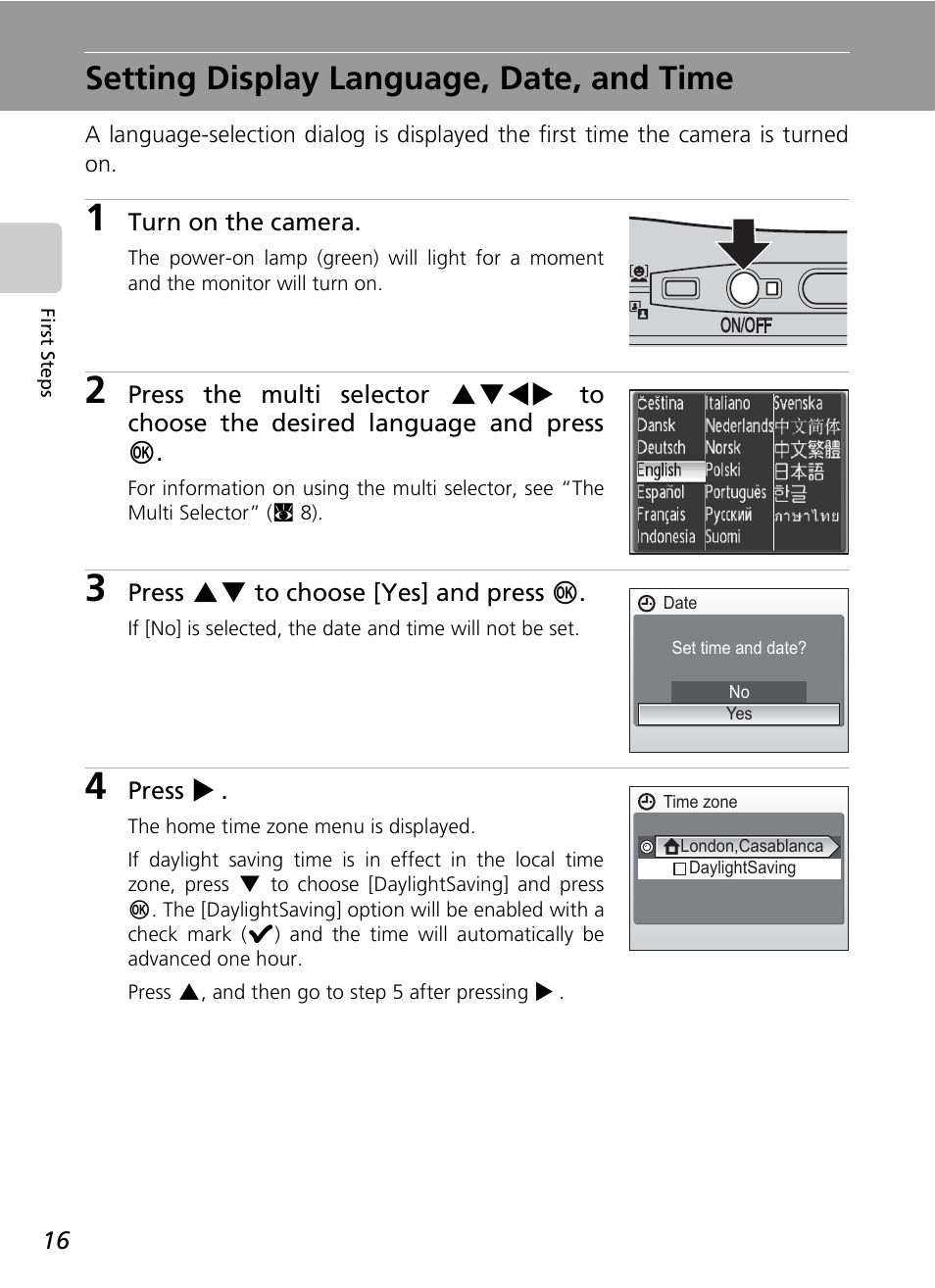 Setting display language, date, and time | Nikon COOLPIX S9 User Manual | Page 28 / 142