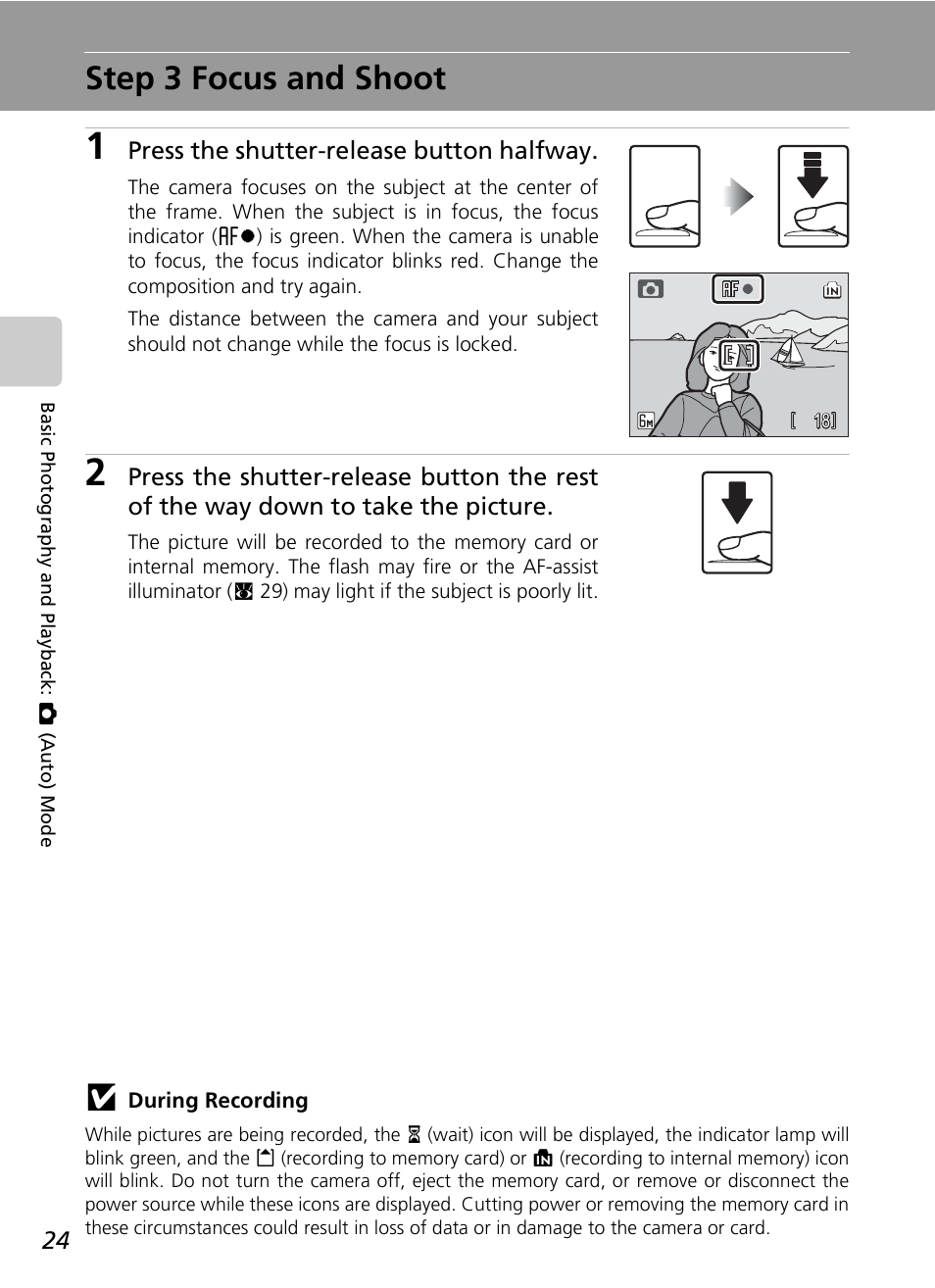 Step 3 focus and shoot, Press the shutter-release button halfway | Nikon COOLPIX S9 User Manual | Page 36 / 142