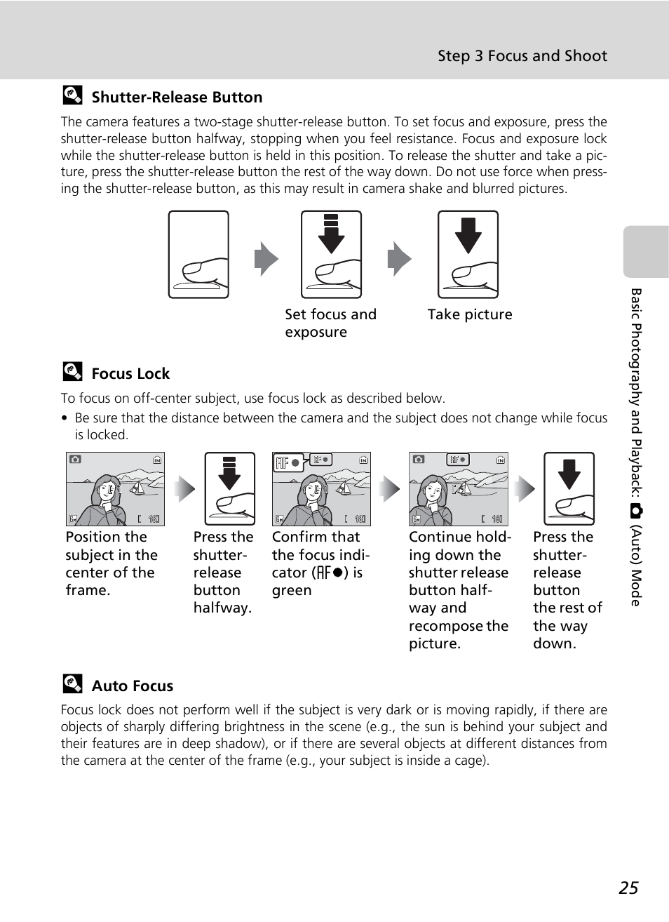 Step 3 focus and shoot, Shutter-release button, Focus lock | Auto focus | Nikon COOLPIX S9 User Manual | Page 37 / 142