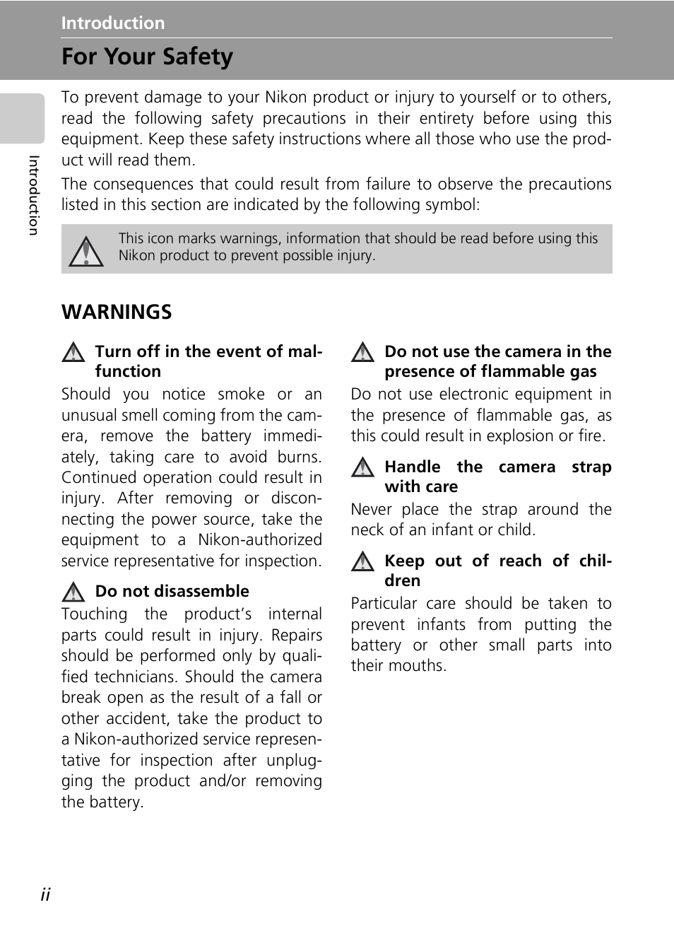 For your safety, Warnings | Nikon COOLPIX S9 User Manual | Page 4 / 142