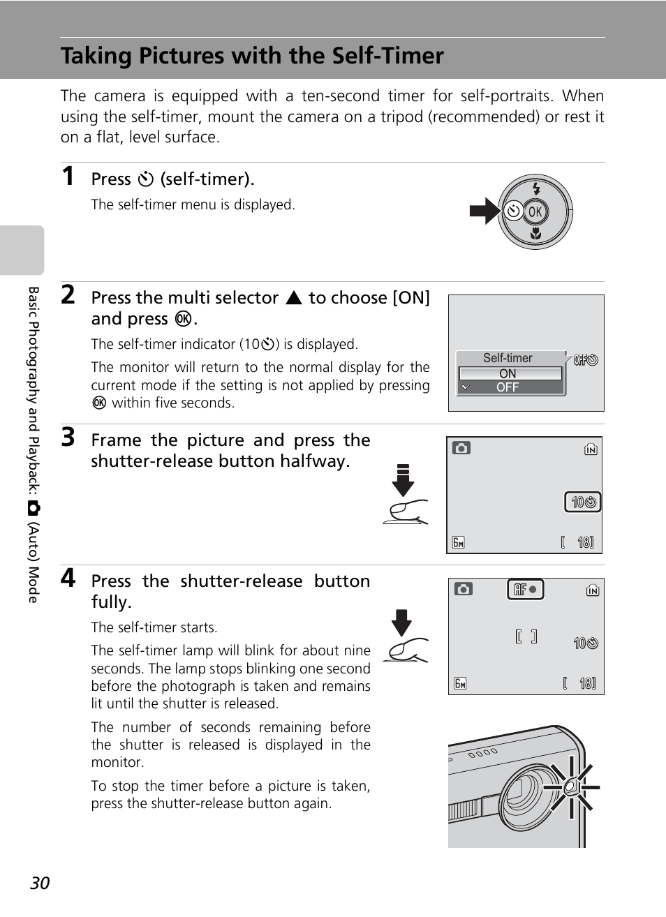 Taking pictures with the self-timer, Press h (self-timer), Press the shutter-release button fully | Nikon COOLPIX S9 User Manual | Page 42 / 142