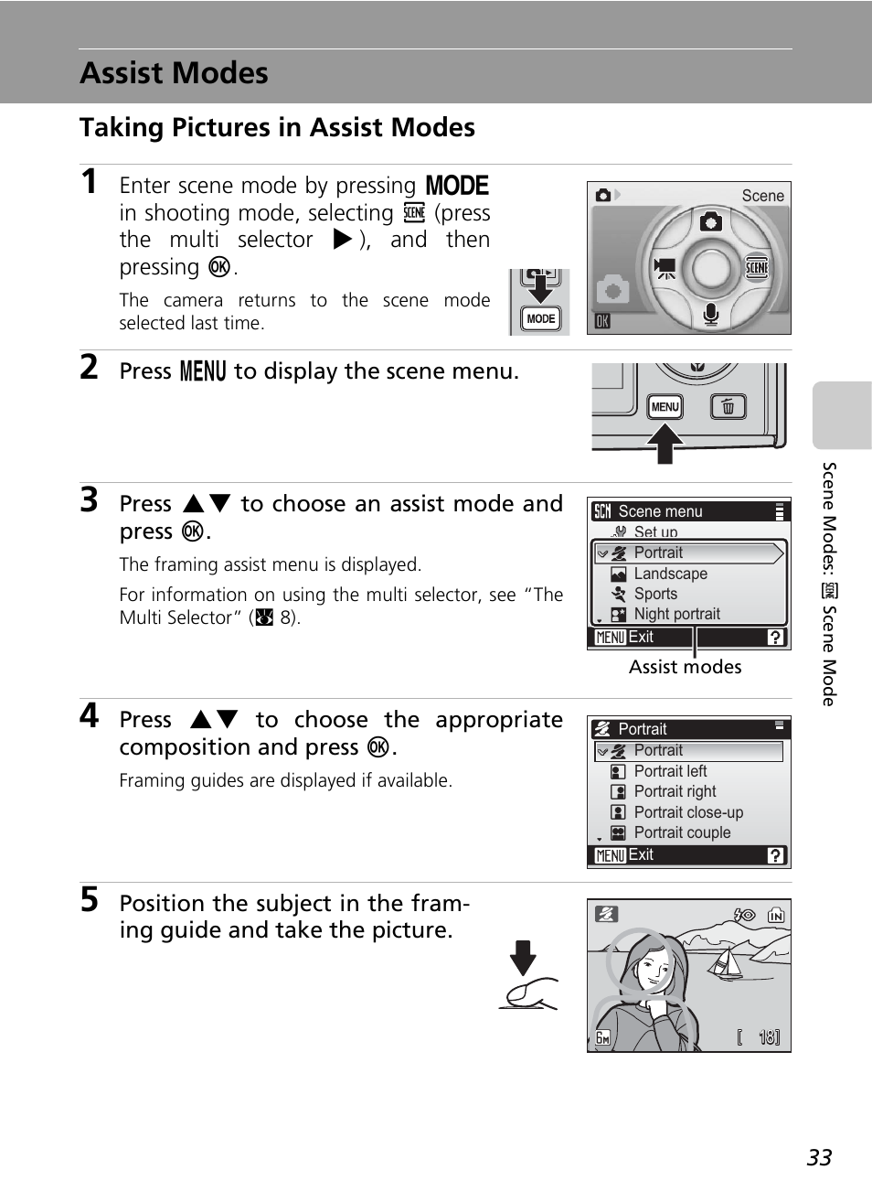 Assist modes, Taking pictures in assist modes | Nikon COOLPIX S9 User Manual | Page 45 / 142