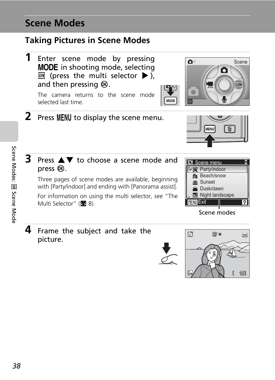 Scene modes, Taking pictures in scene modes | Nikon COOLPIX S9 User Manual | Page 50 / 142