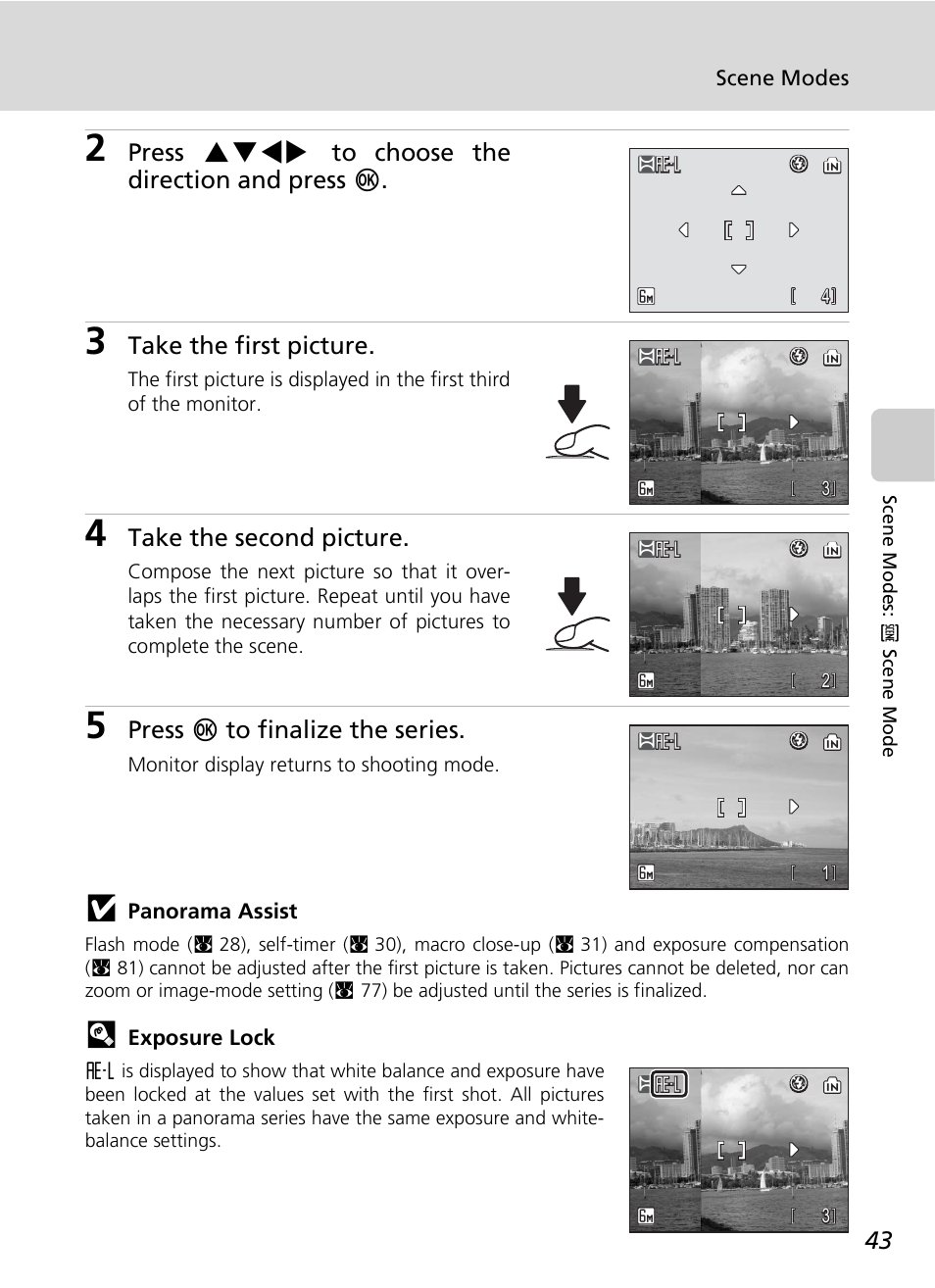 Press ghij to choose the direction and press d, Take the first picture, Take the second picture | Press d to finalize the series | Nikon COOLPIX S9 User Manual | Page 55 / 142