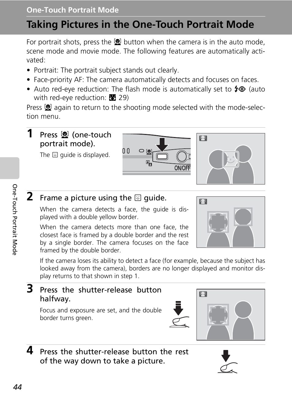 Taking pictures in the one-touch portrait mode | Nikon COOLPIX S9 User Manual | Page 56 / 142