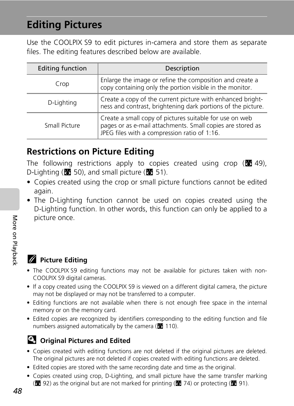 Editing pictures, Restrictions on picture editing | Nikon COOLPIX S9 User Manual | Page 60 / 142