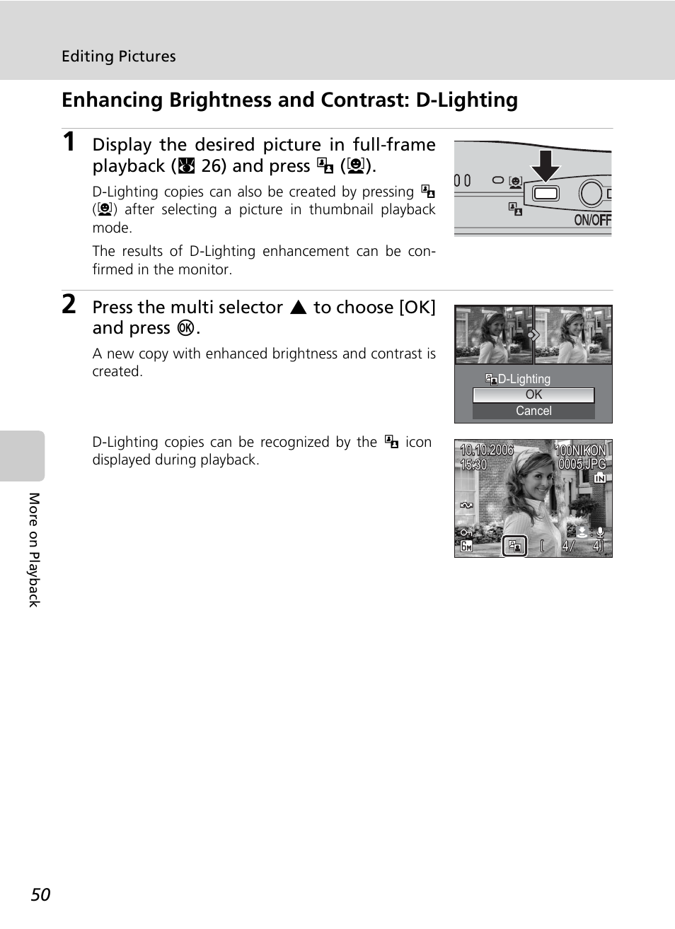 Enhancing brightness and contrast: d-lighting | Nikon COOLPIX S9 User Manual | Page 62 / 142
