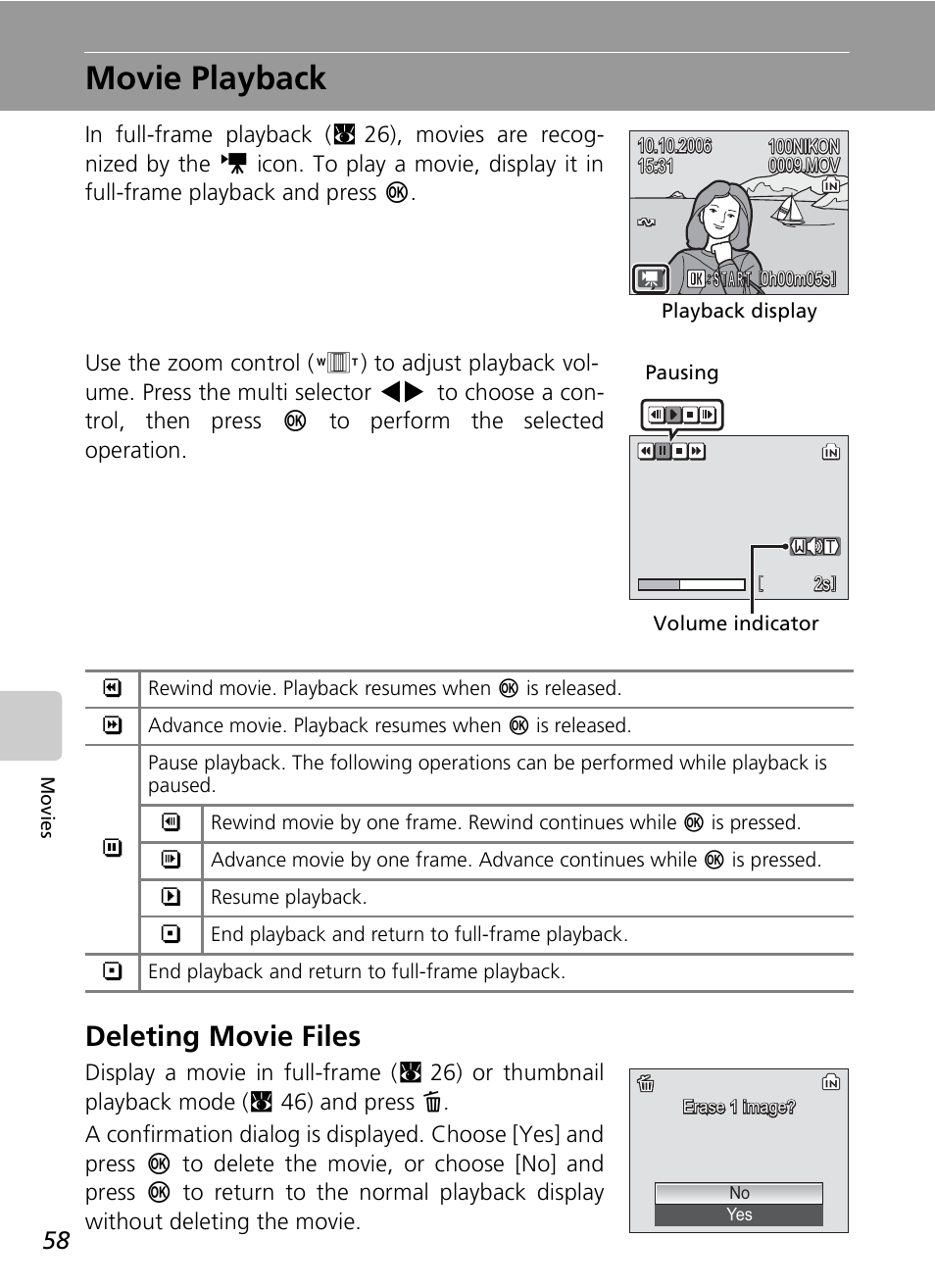 Movie playback, Deleting movie files | Nikon COOLPIX S9 User Manual | Page 70 / 142