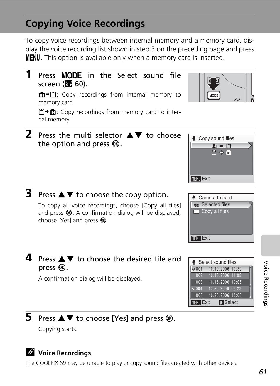 Copying voice recordings, Press p in the select sound file screen (c 60), Press gh to choose the copy option | Press gh to choose the desired file and press d, Press gh to choose [yes] and press d | Nikon COOLPIX S9 User Manual | Page 73 / 142