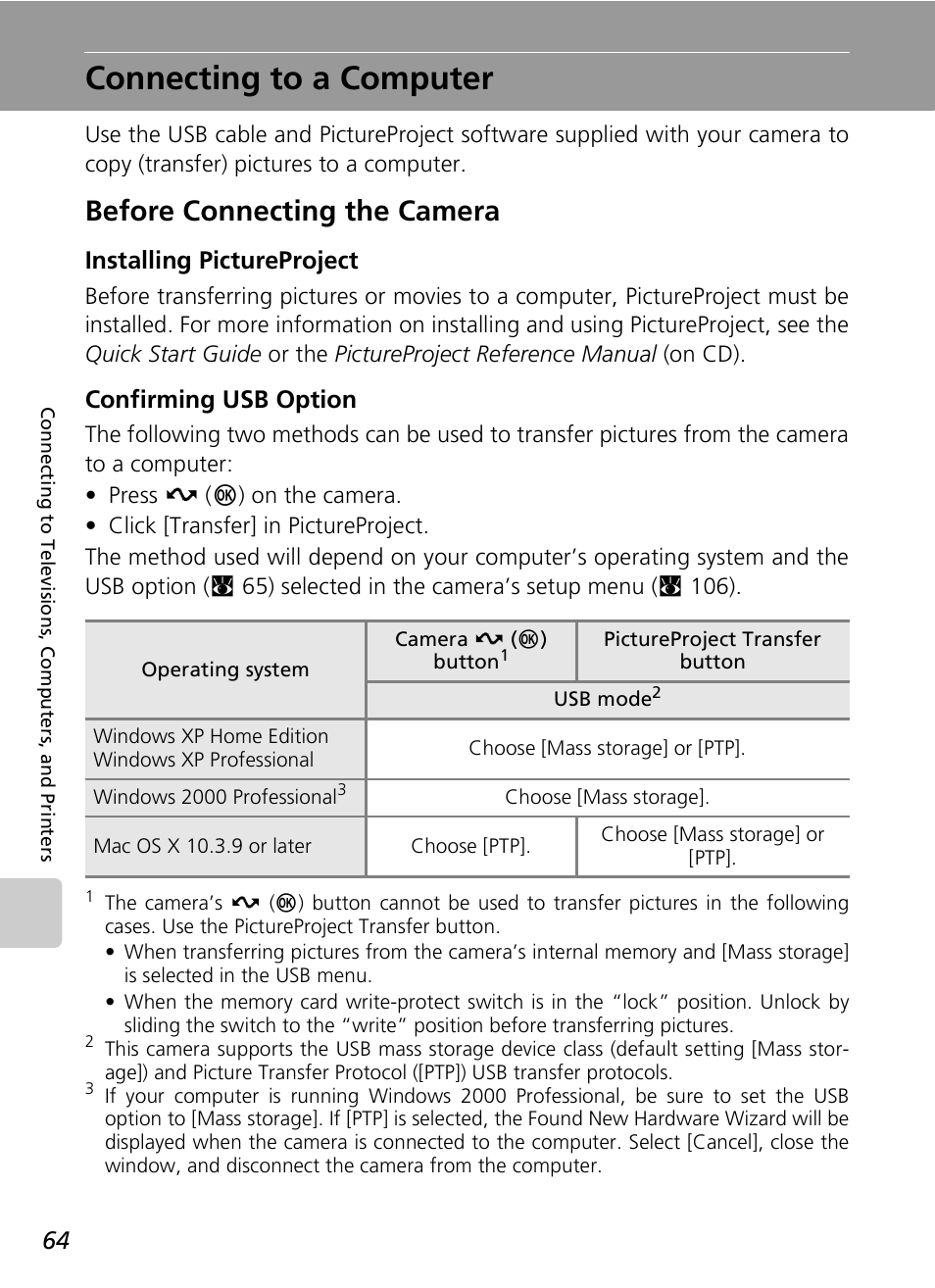 Connecting to a computer, Before connecting the camera, Installing pictureproject | Confirming usb option | Nikon COOLPIX S9 User Manual | Page 76 / 142