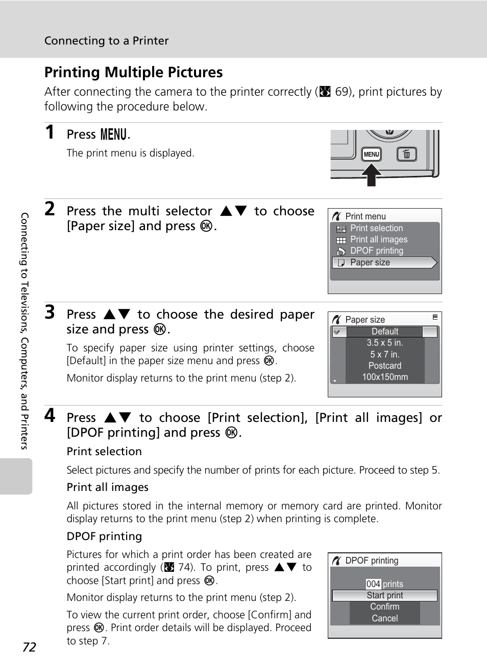 Printing multiple pictures, Press m | Nikon COOLPIX S9 User Manual | Page 84 / 142