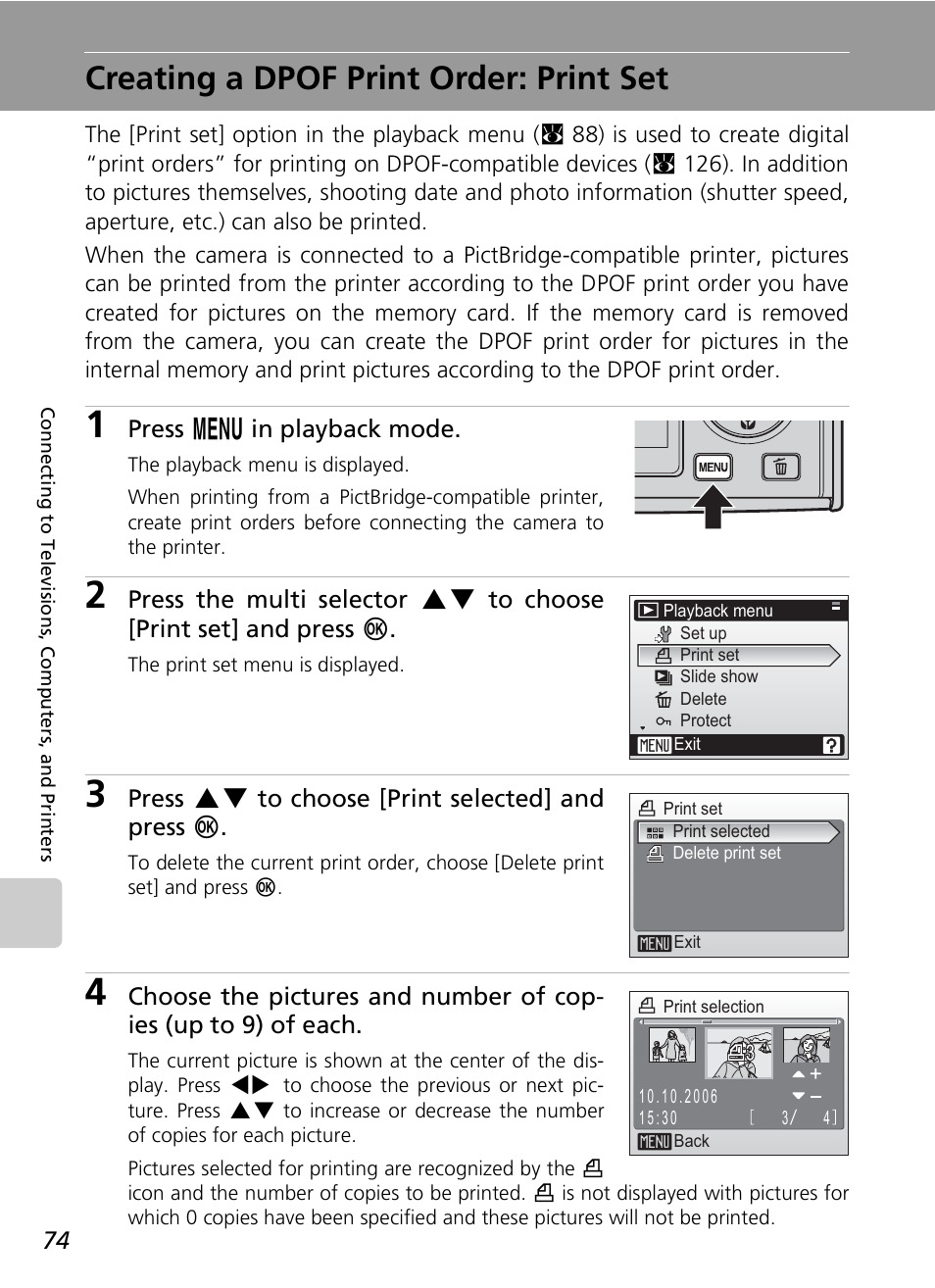 Creating a dpof print order: print set | Nikon COOLPIX S9 User Manual | Page 86 / 142