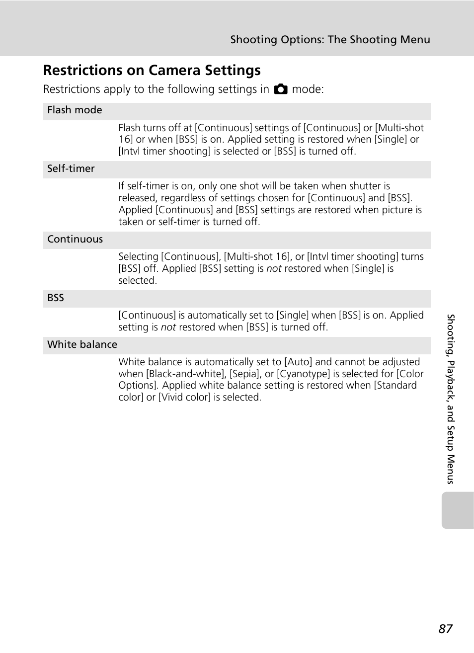 Restrictions on camera settings | Nikon COOLPIX S9 User Manual | Page 99 / 142