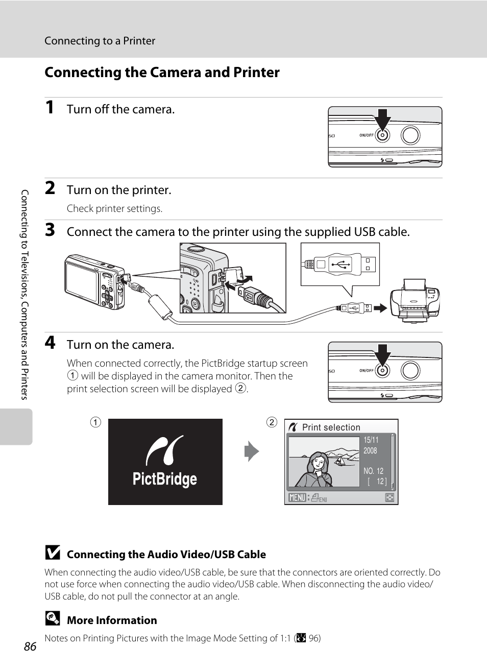 Connecting the camera and printer, A 86) | Nikon Coolpix S560 User Manual | Page 100 / 172