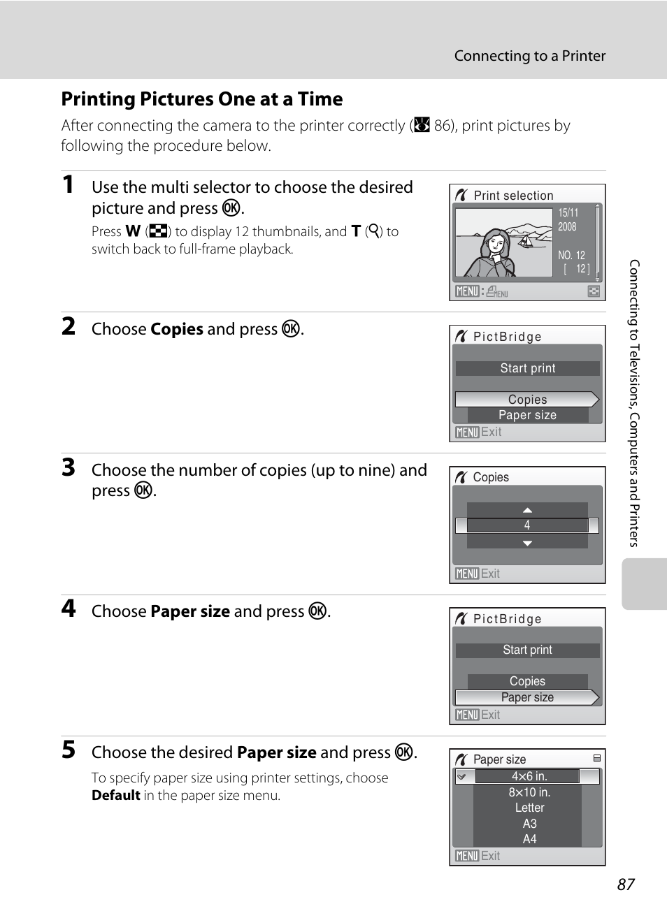 Printing pictures one at a time, A 87), Choose copies and press k | Choose paper size and press k, Choose the desired paper size and press k | Nikon Coolpix S560 User Manual | Page 101 / 172