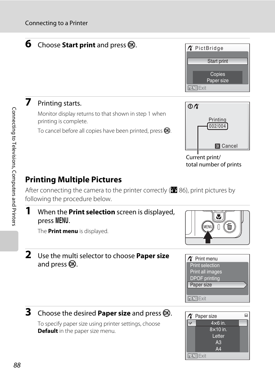 Printing multiple pictures, A 88) | Nikon Coolpix S560 User Manual | Page 102 / 172