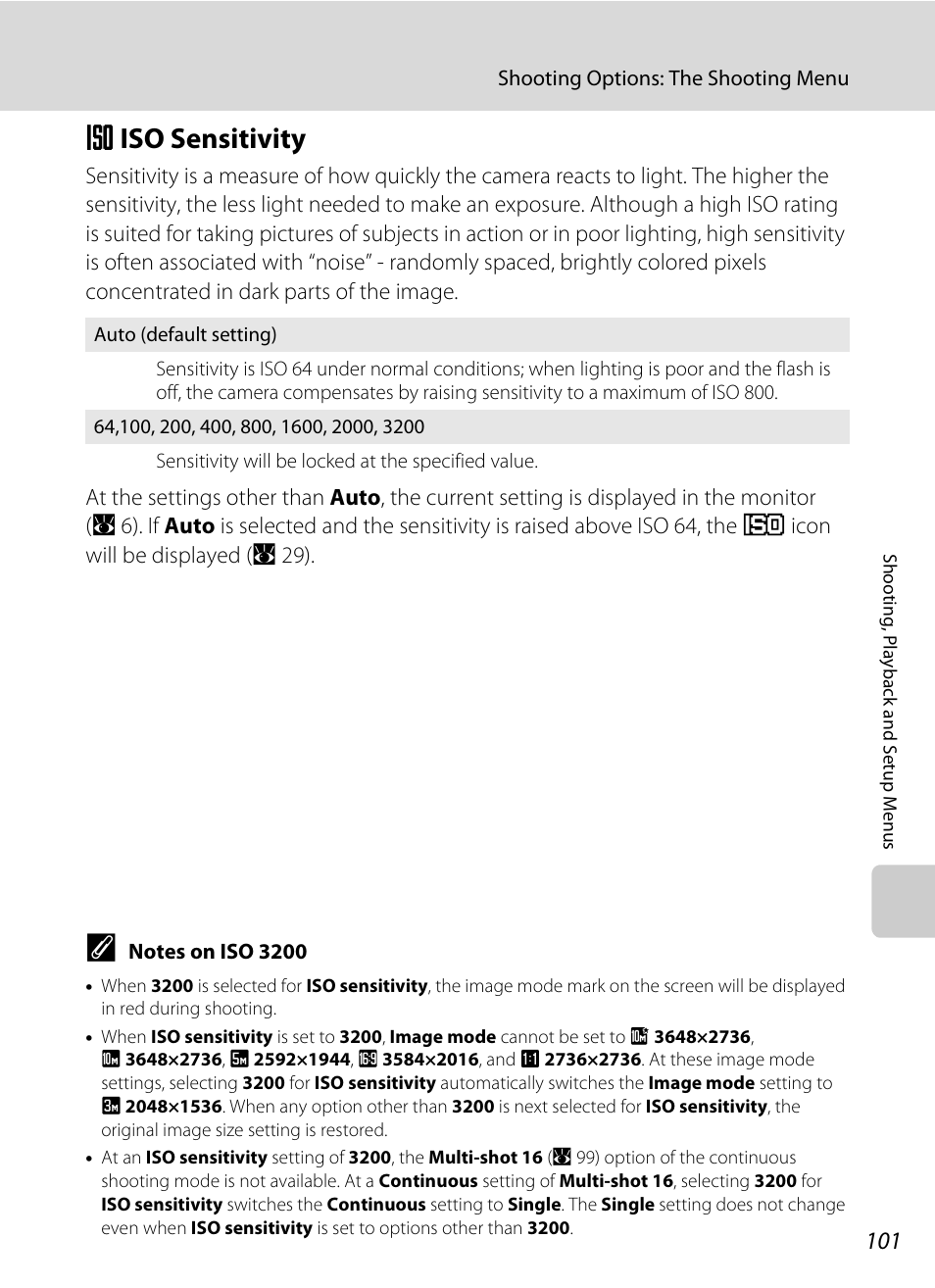 Iso sensitivity, E iso sensitivity, A 101) | A 101, A 101) setti | Nikon Coolpix S560 User Manual | Page 115 / 172