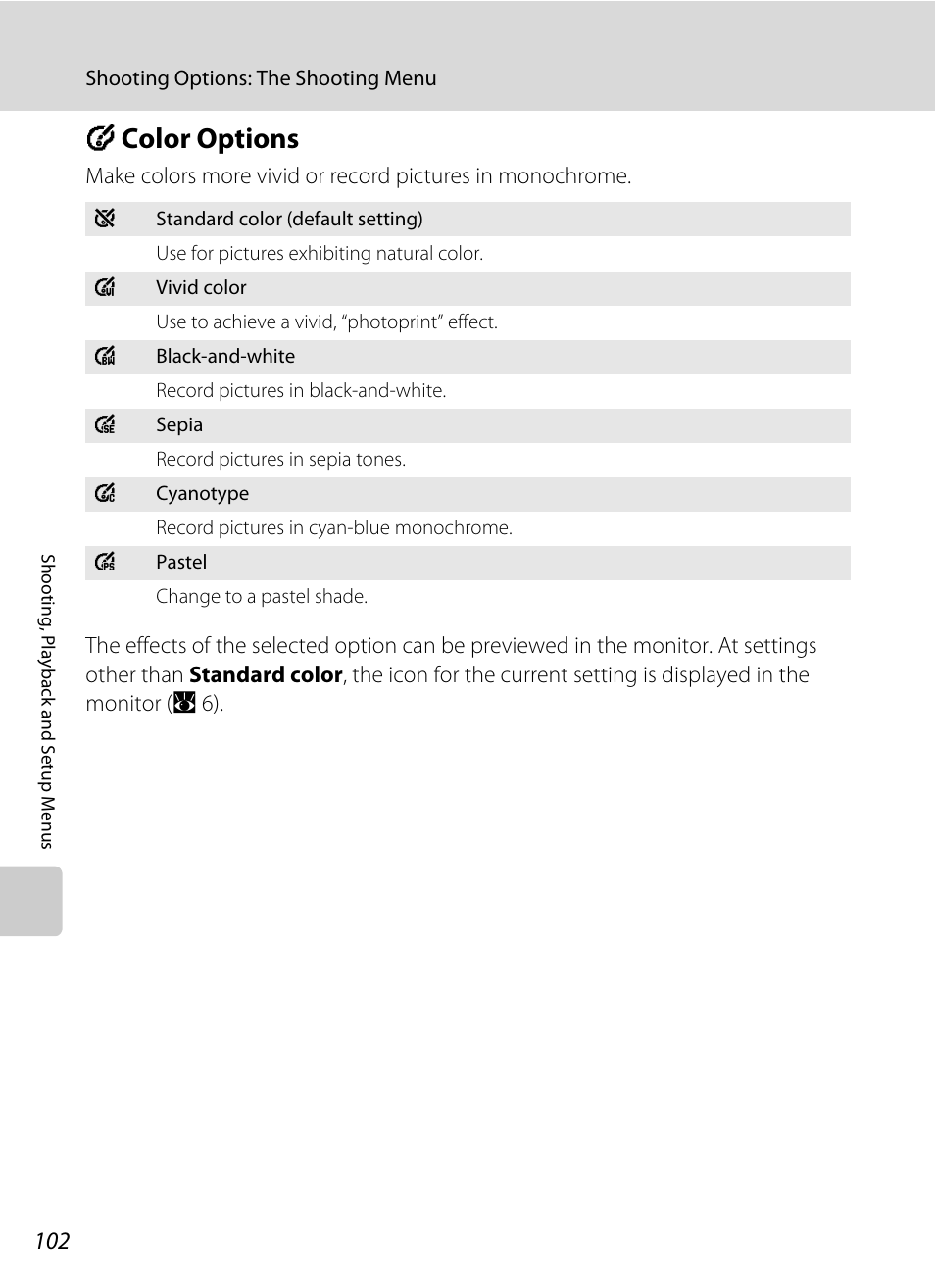 Color options, F color options, Tions | A 102), af ar, A 102 | Nikon Coolpix S560 User Manual | Page 116 / 172