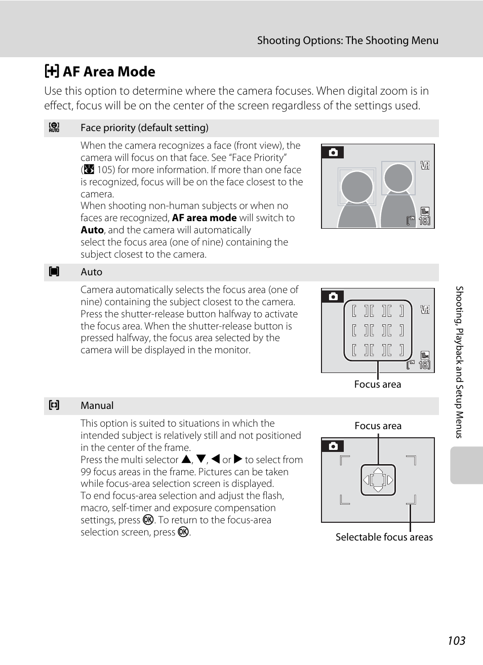 Af area mode, G af area mode, A 103 | A 103), A 103) is | Nikon Coolpix S560 User Manual | Page 117 / 172