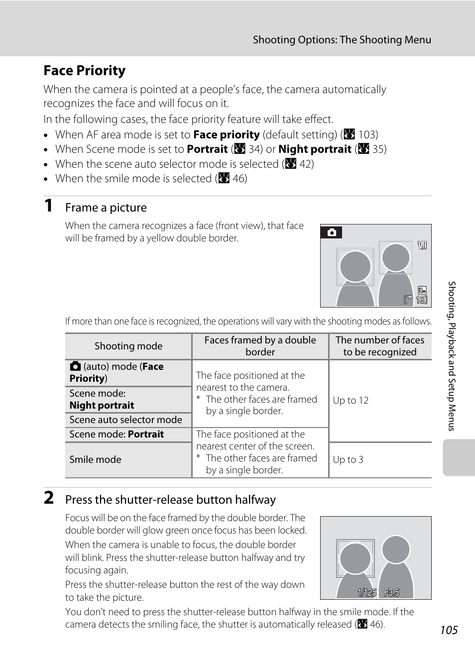 Or “face priority” (a 105), Ee “face priority, A 105) for | Face priority, A 105) for more infor, A 105) will be, A 105) of | Nikon Coolpix S560 User Manual | Page 119 / 172