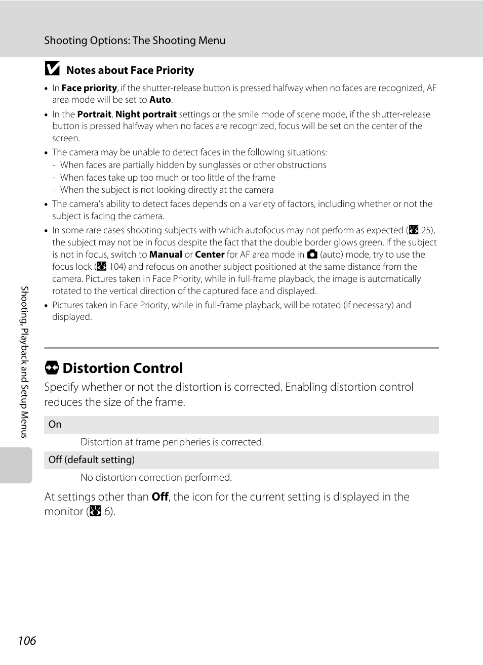 Distortion control, Q distortion control, And distortion control (a 106) | A 106 | Nikon Coolpix S560 User Manual | Page 120 / 172