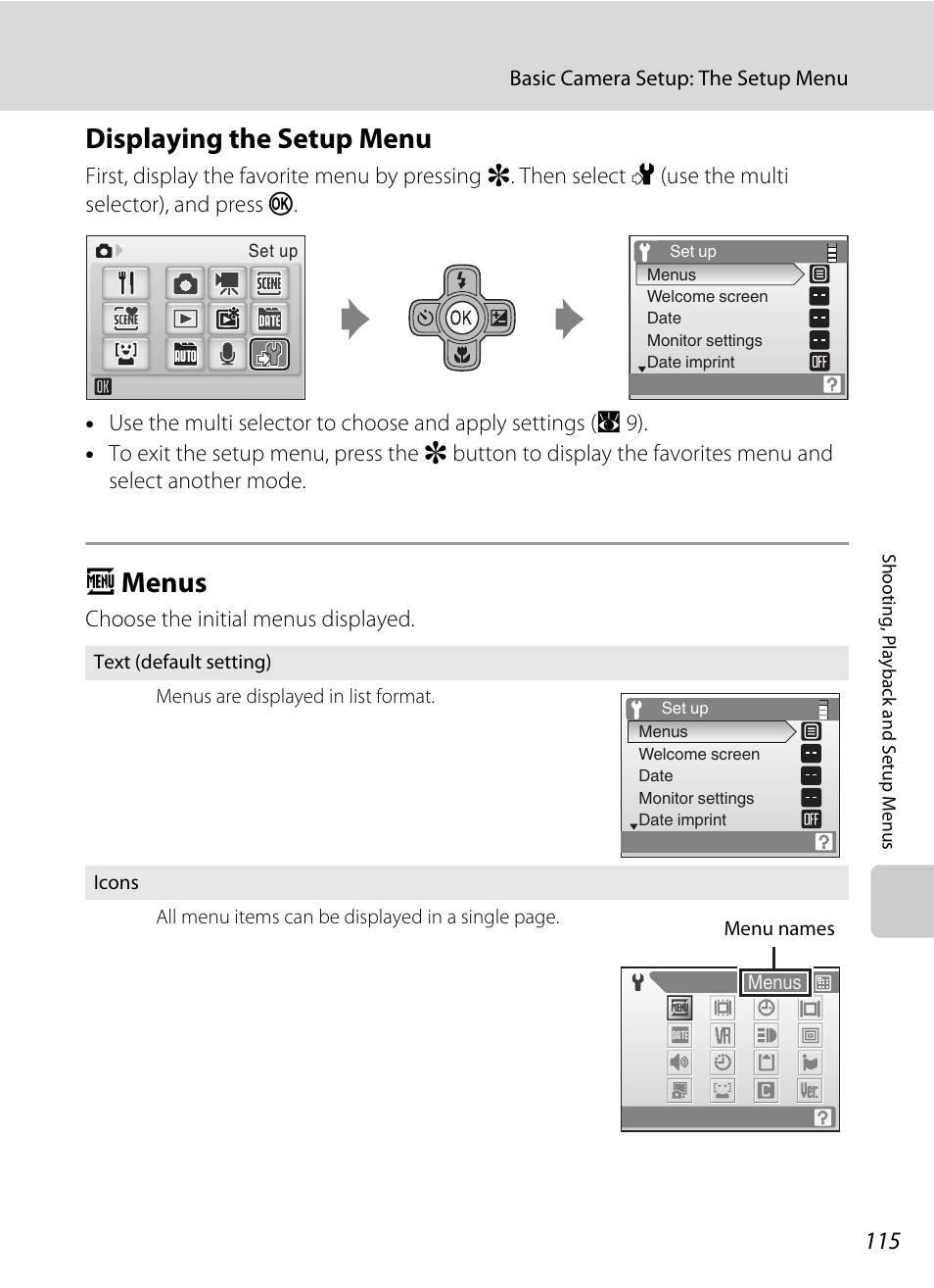 Displaying the setup menu, Menus, Displaying the setup menu a menus | A 115, A menus | Nikon Coolpix S560 User Manual | Page 129 / 172