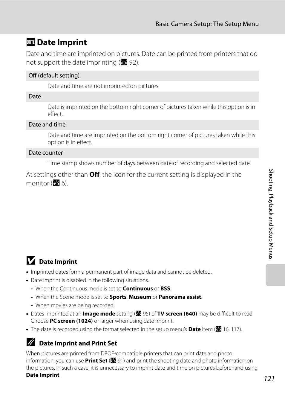 Date imprint, F date imprint, A 121) | A 121 | Nikon Coolpix S560 User Manual | Page 135 / 172