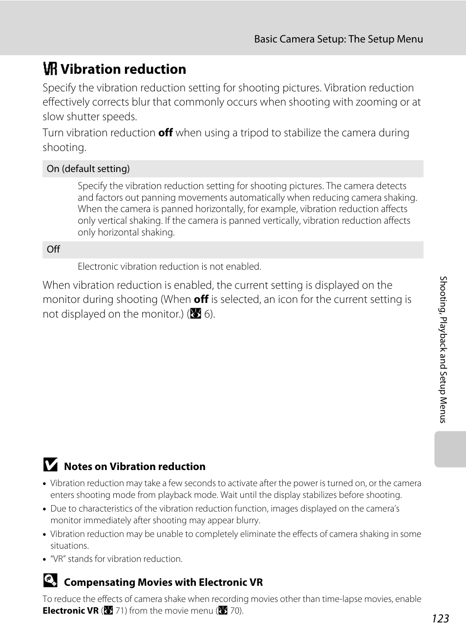 Vibration reduction, G vibration reduction, A 123) | A 123, A 123) in | Nikon Coolpix S560 User Manual | Page 137 / 172