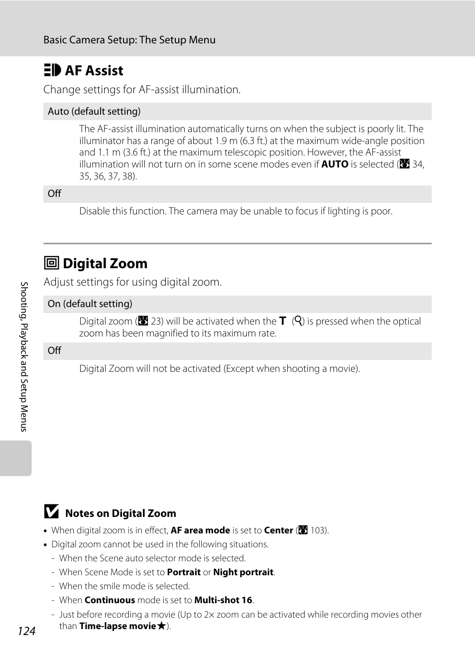 Af assist, Digital zoom, H af assist u digital zoom | A 124), A 124, H af assist, U digital zoom | Nikon Coolpix S560 User Manual | Page 138 / 172