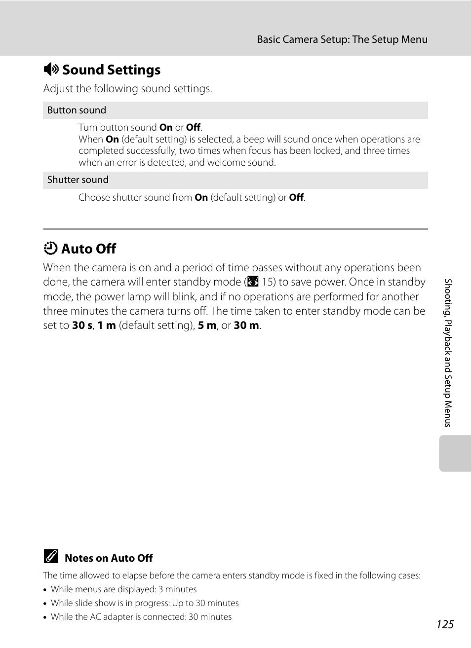 Sound settings, Auto off, I sound settings k auto off | A 125), A 125) wi, A 125, I sound settings, K auto off | Nikon Coolpix S560 User Manual | Page 139 / 172