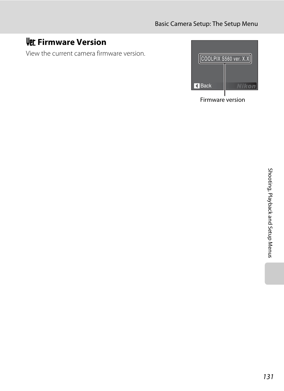 Firmware version, R firmware version, A 131 | Nikon Coolpix S560 User Manual | Page 145 / 172