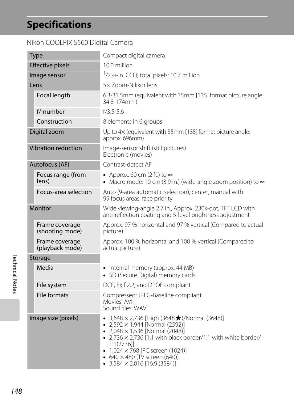 Specifications | Nikon Coolpix S560 User Manual | Page 162 / 172