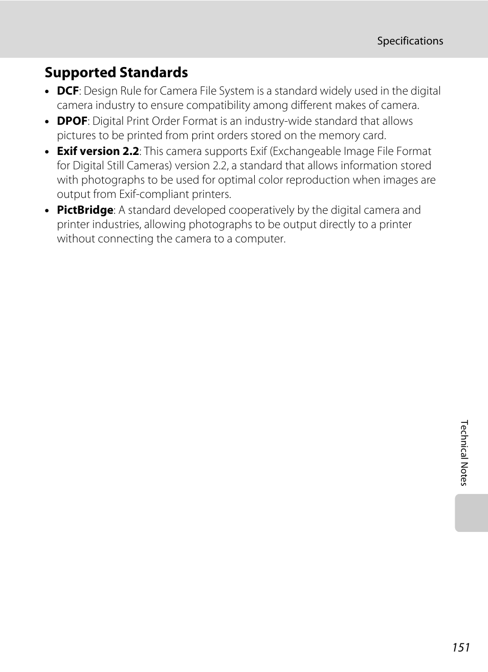 Supported standards, Tible, A 151) p | Tible devices, A 151) | Nikon Coolpix S560 User Manual | Page 165 / 172