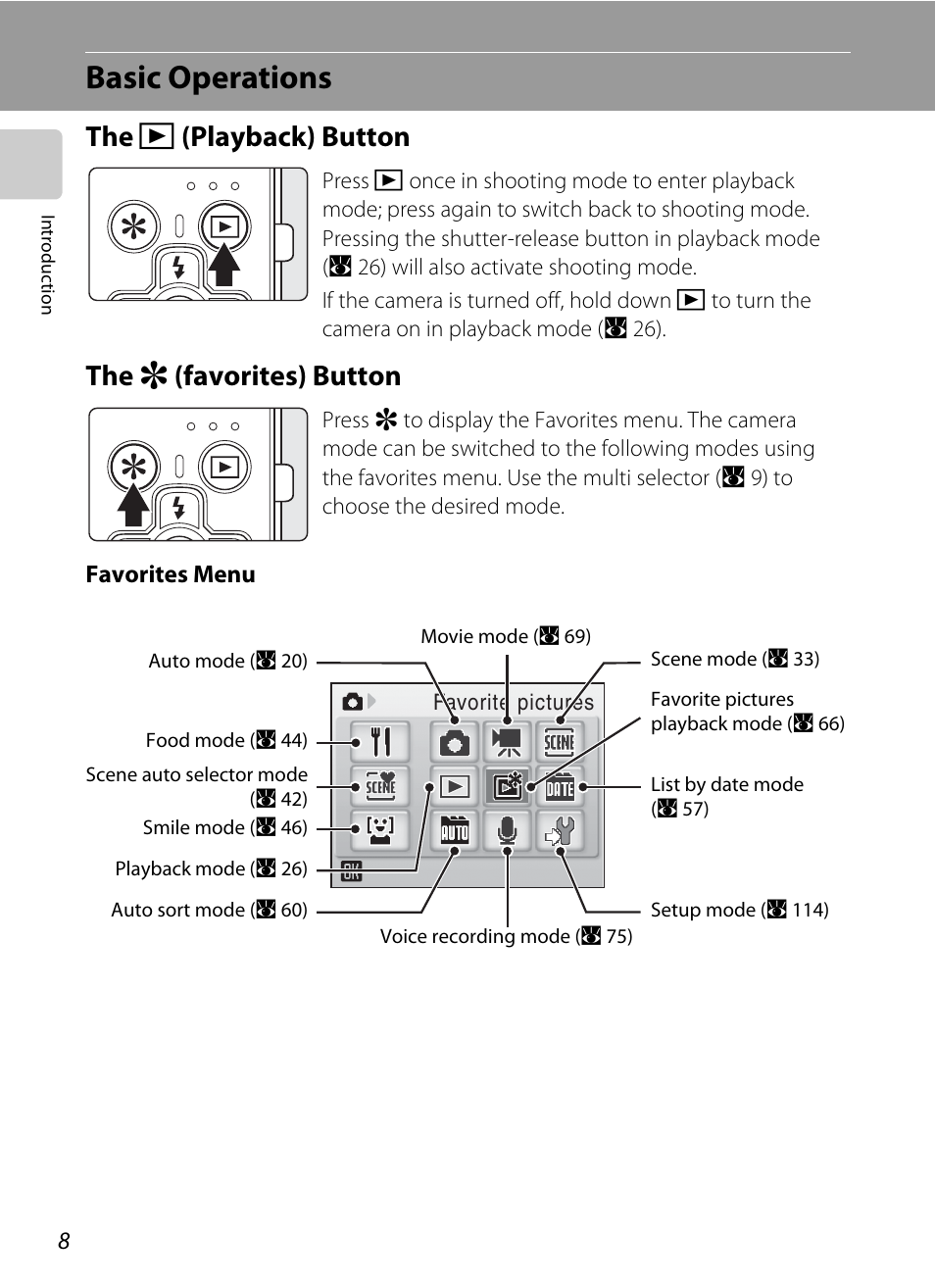 Basic operations, The (playback) button, The (favorites) button | C (playback) button, R (favorites) button, The c (playback) button the r (favorites) button | Nikon Coolpix S560 User Manual | Page 22 / 172