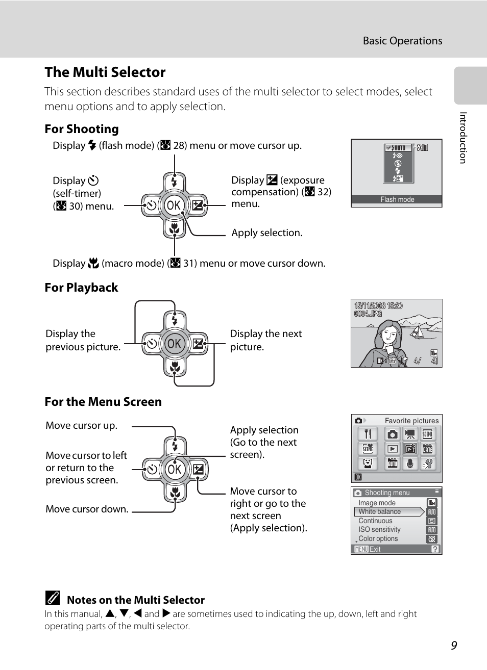 The multi selector, A 9), For shooting for playback for the menu screen | Nikon Coolpix S560 User Manual | Page 23 / 172