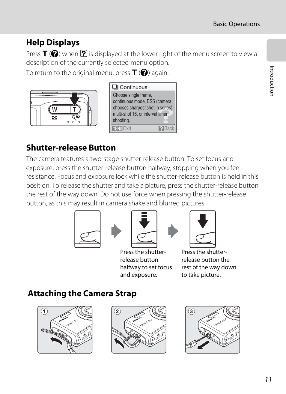 Help displays, Shutter-release button, Attaching the camera strap | Nikon Coolpix S560 User Manual | Page 25 / 172