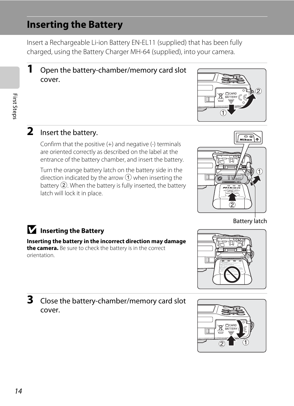 Inserting the battery | Nikon Coolpix S560 User Manual | Page 28 / 172