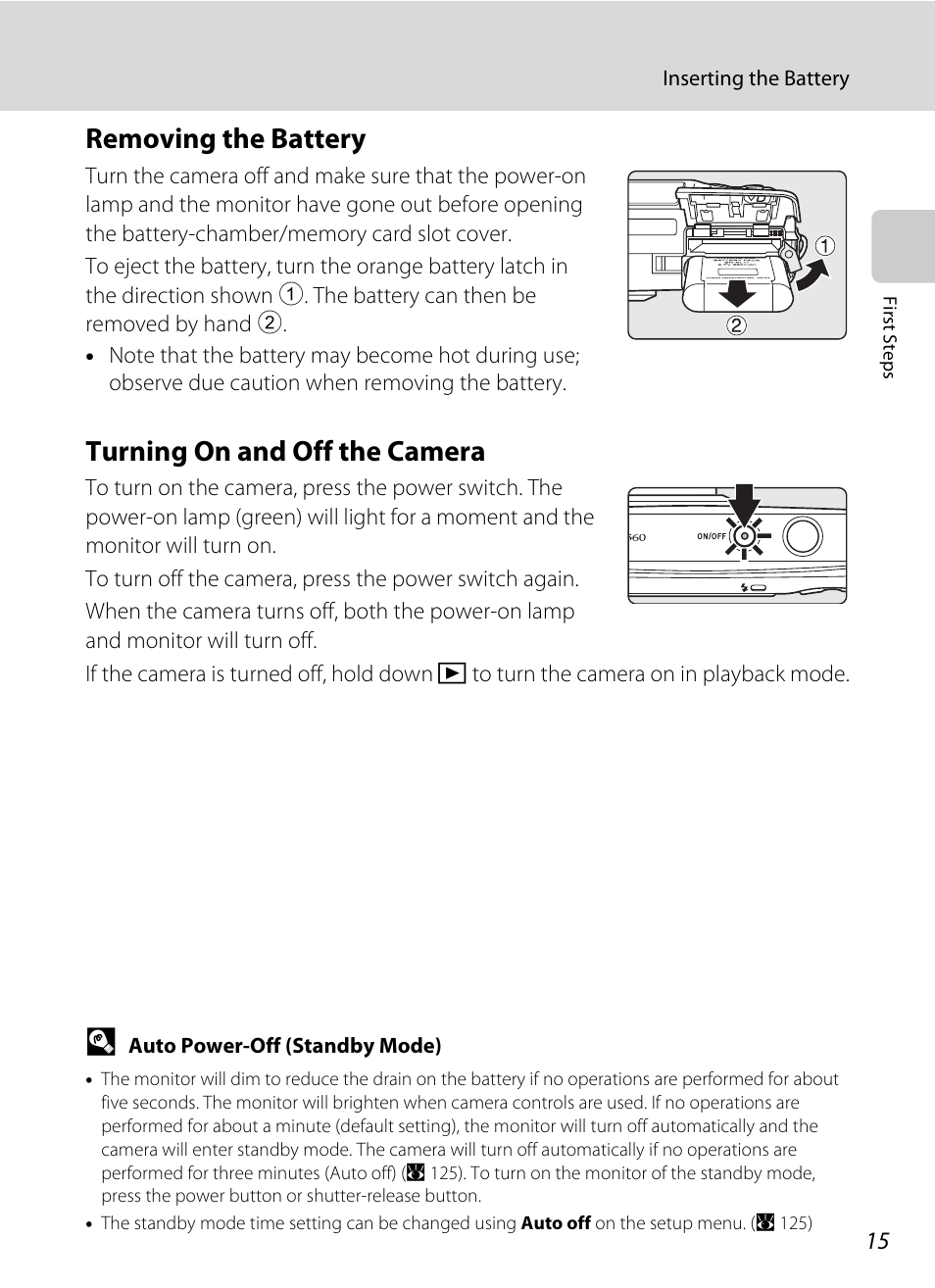 Removing the battery, Turning on and off the camera, Removing the battery turning on and off the camera | Nikon Coolpix S560 User Manual | Page 29 / 172