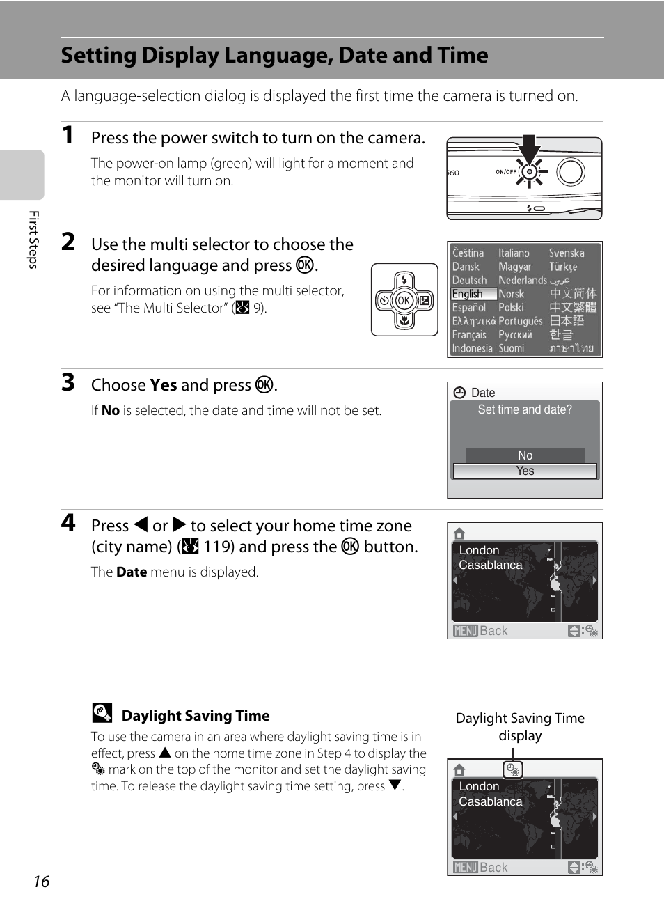 Setting display language, date and time | Nikon Coolpix S560 User Manual | Page 30 / 172