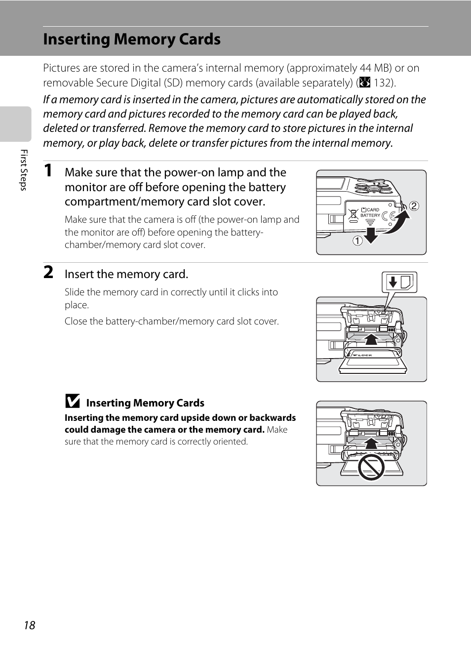 Inserting memory cards | Nikon Coolpix S560 User Manual | Page 32 / 172