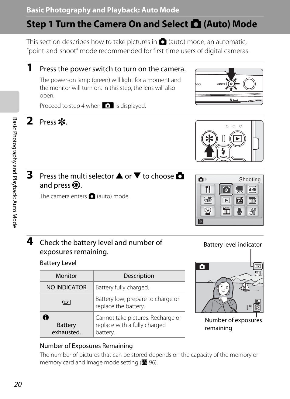 Basic photography and playback: auto mode, Step 1 turn the camera on and select (auto) mode, A basic photography and playback: auto mode | Step 1 turn the camera on and select a (auto) mode, A 20) | Nikon Coolpix S560 User Manual | Page 34 / 172