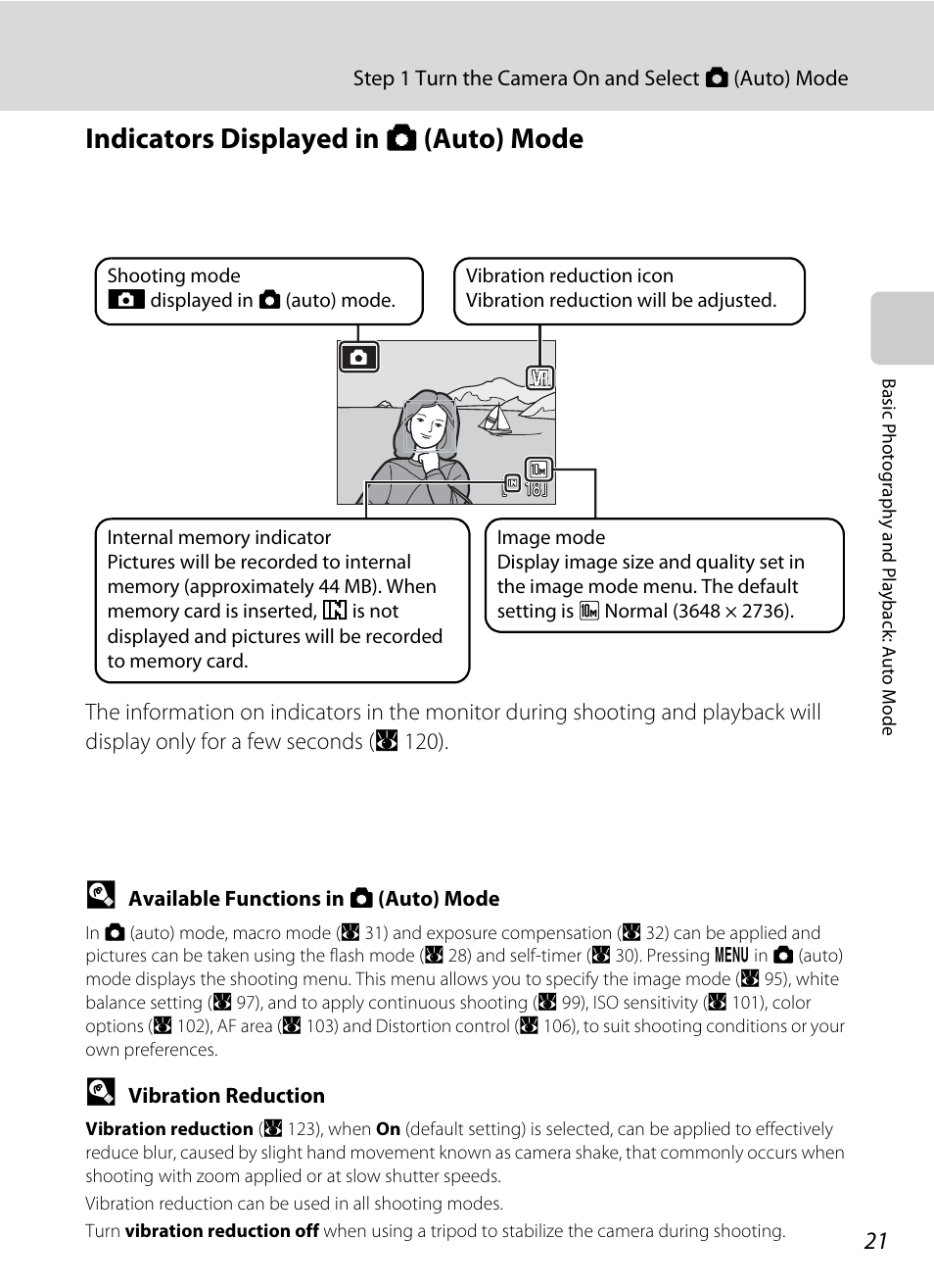 Indicators displayed in (auto) mode, Indicators displayed in a (auto) mode | Nikon Coolpix S560 User Manual | Page 35 / 172