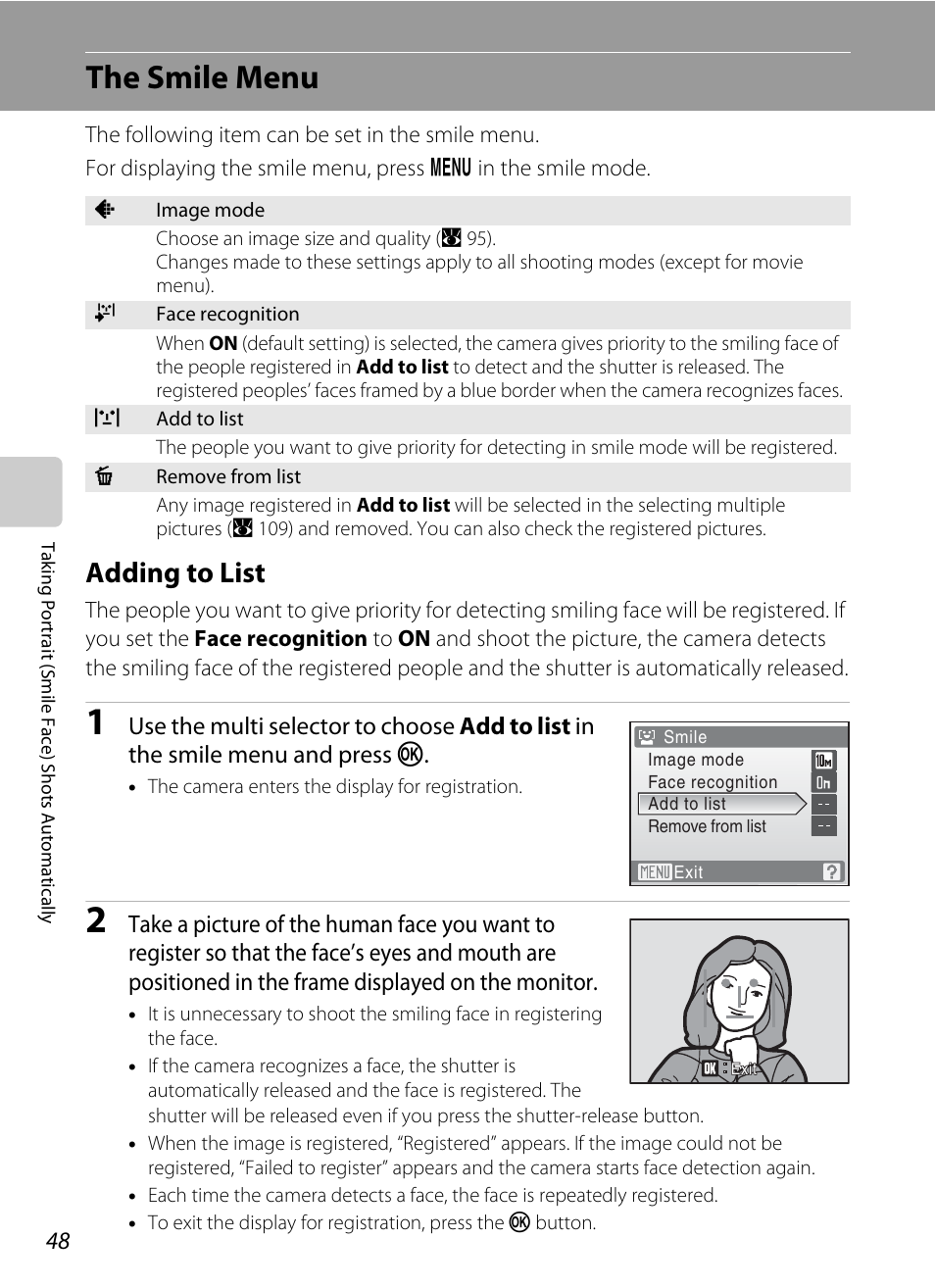 The smile menu, Adding to list, A 48) | Nikon Coolpix S560 User Manual | Page 62 / 172