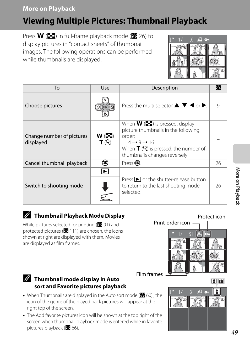 More on playback, Viewing multiple pictures: thumbnail playback, C more on playback | Nikon Coolpix S560 User Manual | Page 63 / 172