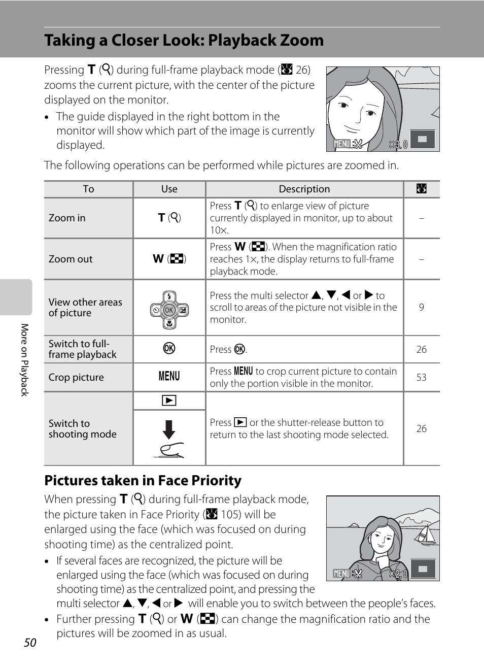 Taking a closer look: playback zoom, Pictures taken in face priority | Nikon Coolpix S560 User Manual | Page 64 / 172