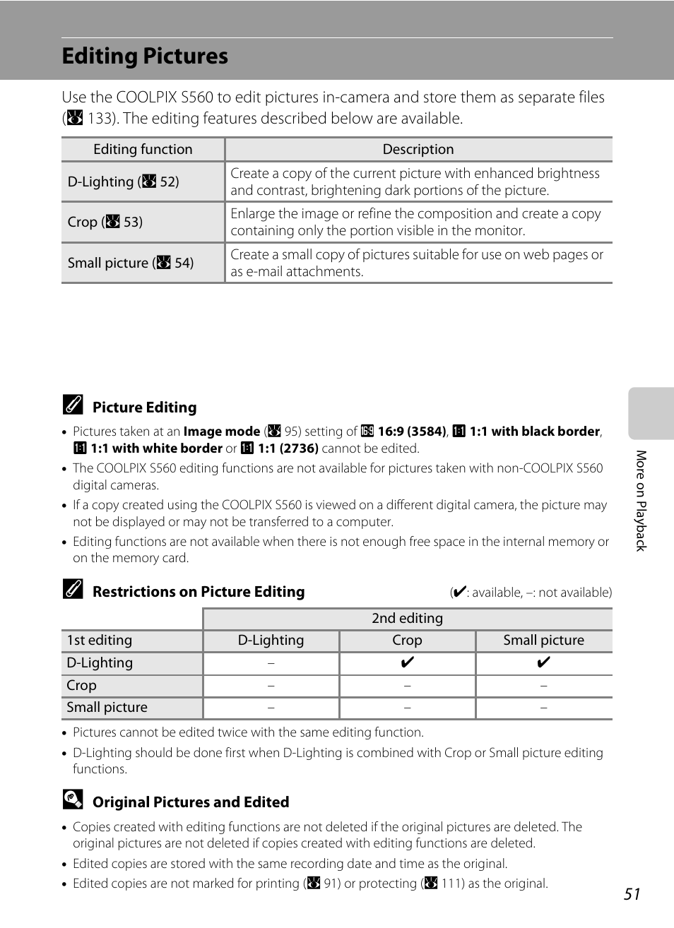 Editing pictures | Nikon Coolpix S560 User Manual | Page 65 / 172