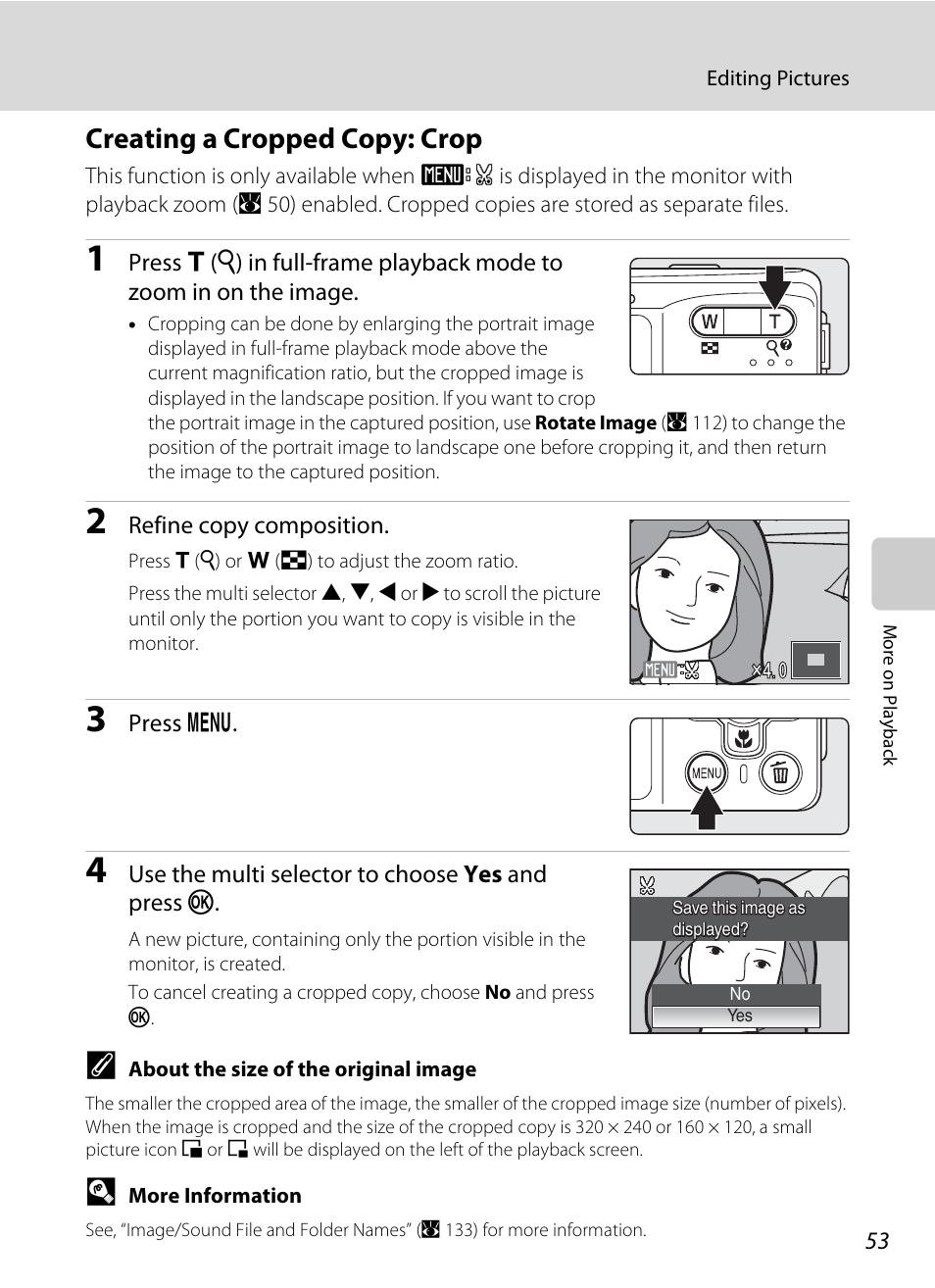 Creating a cropped copy: crop, A 53) | Nikon Coolpix S560 User Manual | Page 67 / 172