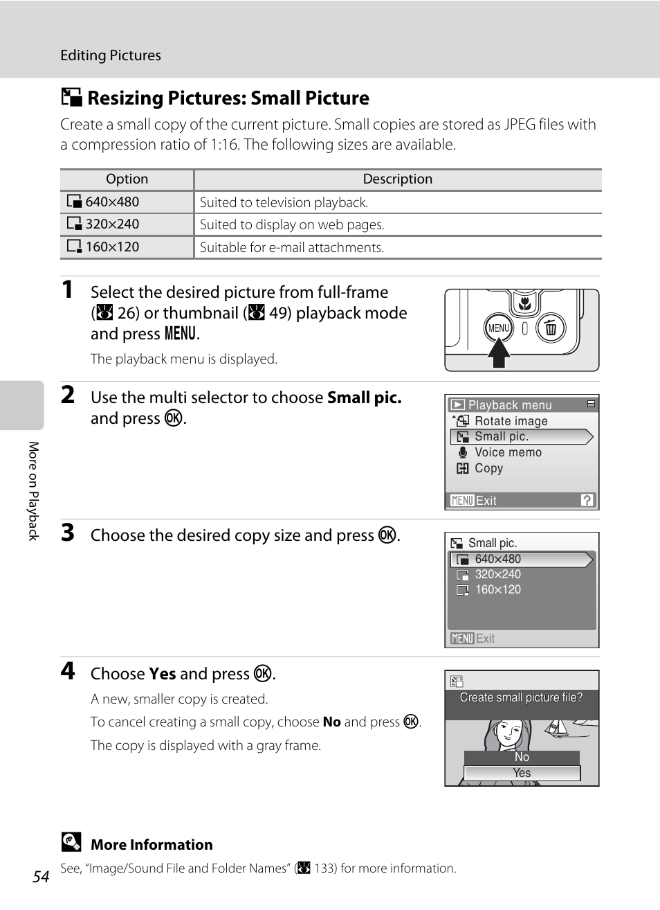 Resizing pictures: small picture, G resizing pictures: small picture, A 54) | Nikon Coolpix S560 User Manual | Page 68 / 172