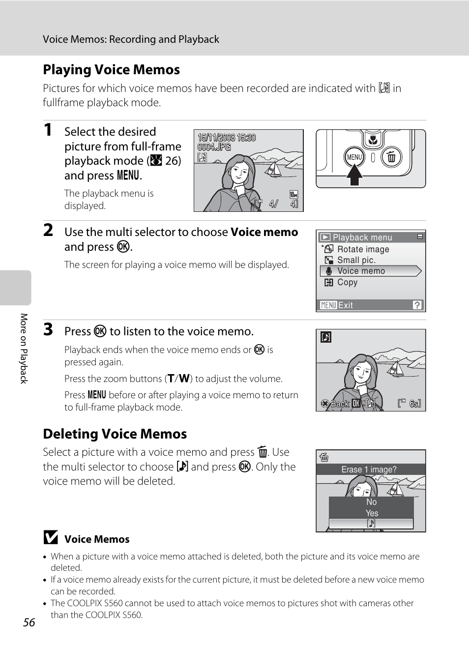 Playing voice memos, Deleting voice memos, Playing voice memos deleting voice memos | A 56) to | Nikon Coolpix S560 User Manual | Page 70 / 172